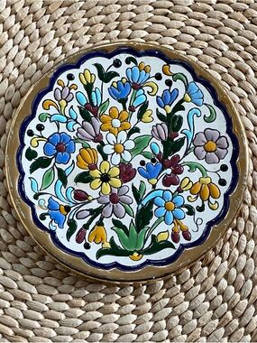 Vintage Cerámicas Sevilla Spanish Hand-Painted Floral Ceramic Plate Gold Trim 6”
